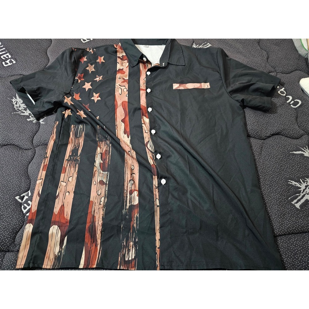 Mens Black Distressed Camo American Flag Short Sleeve Button Down Shirt 1XL